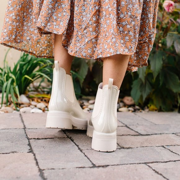 Beige Platform Chelsea Bootie / Cream Ankle Boot / Rain Boots - Picture 2 of 8